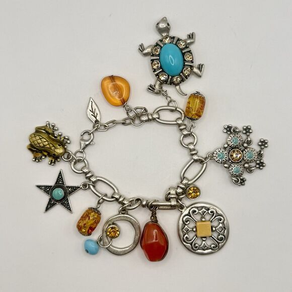 Estate Jewelry - Vintage 925 Sterling Silver Mixed Charm Bracelet Turquoise Amber Frog Turtle 70g